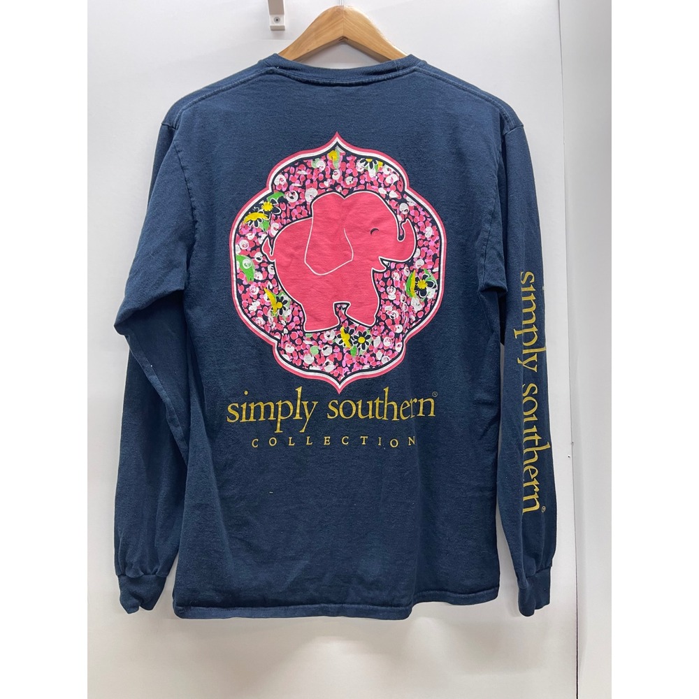 Simply Southern Womens Navy Blue Floral Elephant Long Sleeve Graphic T-Shirt M